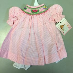 Pink Gingham Watermelon Smocked Bishop Dress 18″