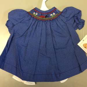 Blue Gingham Ladybug Smocked Bishop Dress (Fits 14-16″ Dolls)