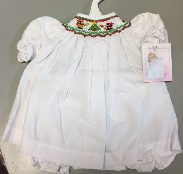 White Christmas Smocked Bishop Dress (Fits 14-16" Dolls)