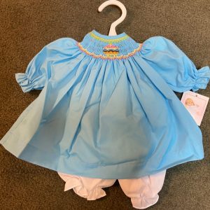 Blue Birthday Smocked Bishop Dress w/Bloomers 18″