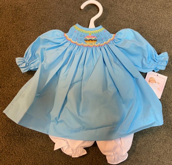 Blue Birthday Smocked Bishop Dress w/Bloomers 18"