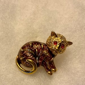 Cloisonne enamel Cat; rhinestone cluster on head, red rhinestone