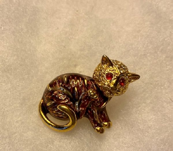Cloisonne enamel Cat; rhinestone cluster on head, red rhinestone