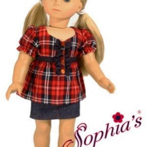 Red Plaid Ruffle Blouse & Denim Skirt 18″