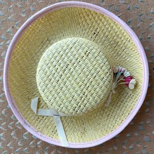 Vintage Round Straw Hat Pink Band fits 11″ head
