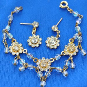Gold Jewelry Set with rhinestones, crystal pearls fits 21″, SD,