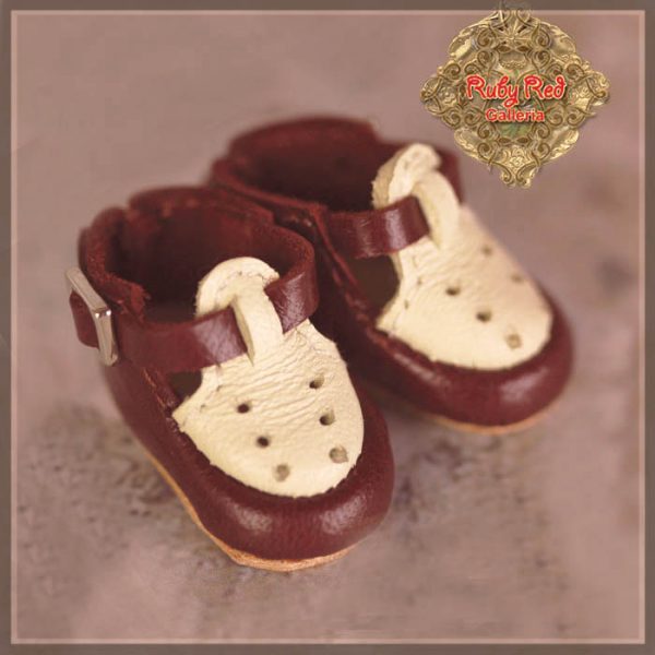 HH0005A Burgundy/Ivory Leather T-Strap Shoes 8" Ten Ping