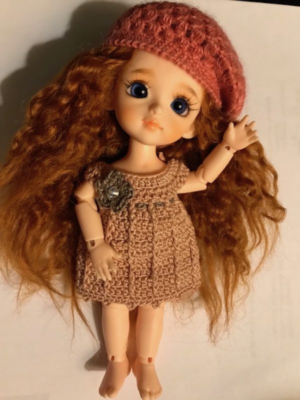 Crochet: Rust Beret and Flower Trim Beige Dress handmade fits 3-6"  Lati Yellow, Pukifee Meadow,