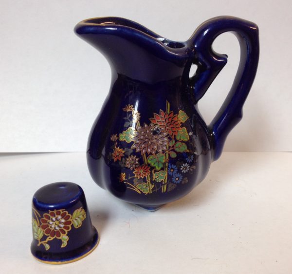 Miniature Porcelain Blue Pitcher & Thimble 3" x 2-1/2"