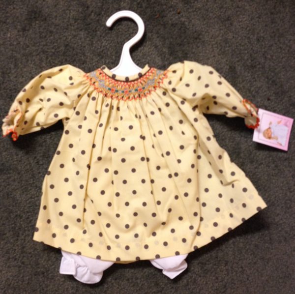 Tan Polka Dot Smocked Bishop Dress (Fits 14-16" Dolls)
