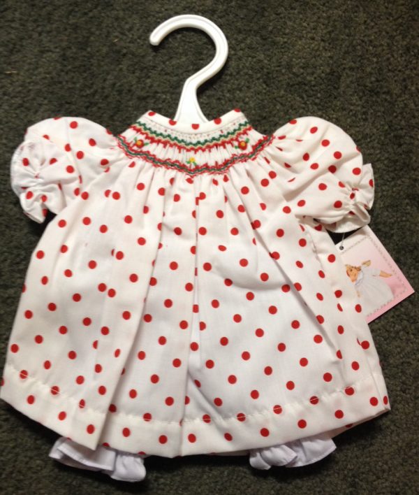 Cottom English Smocked White/Red Polka Dot Bishop Dress 15"