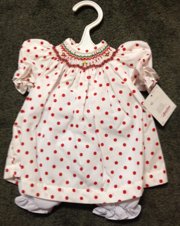 White/Red Polka Dot Smocked Bishop Dress (English) 18"