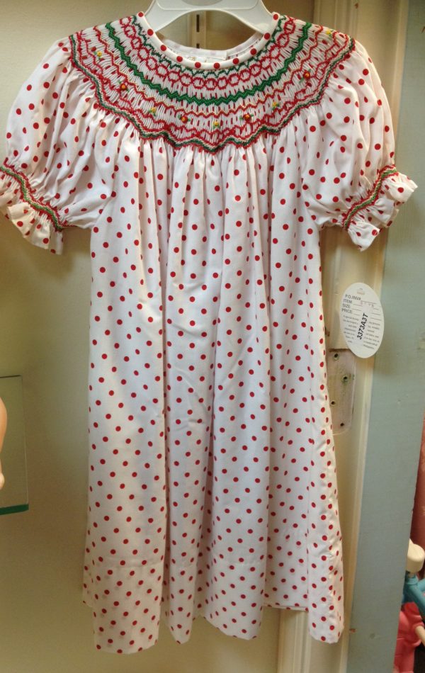 White/Red Polka Dot Smocked Bishop Dress (English) Size 3T