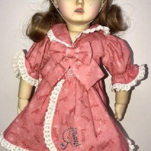 Rose print lace-trimmed dress matching pantaloons and hat  fits 10″, yosd, similar size LE5 for Doll Peddlar