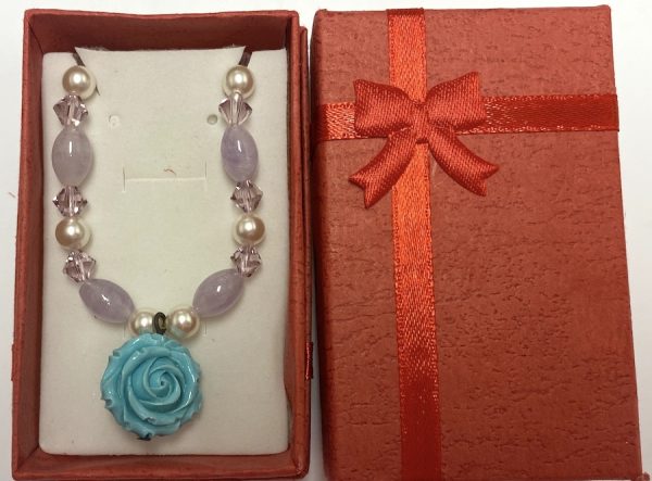 Beads with Blue Rose Pendant Polymer Clay Necklace 20+" dolls