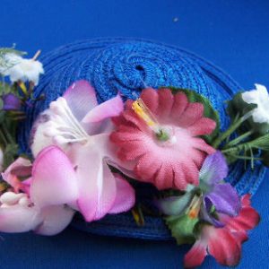 Blue Straw hat w/ Multicolor flowers – Small doll size