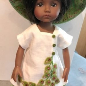 Boneka Ivory Linen dress w/Felt Appliques and Beads & Hat (Fits 24cm/10″) NO DOLL