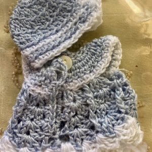 Crochet – Handmade blue & white, dress & hat, fits tinies 5c
