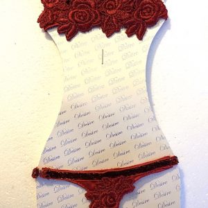 Desire Demi Bra, Thong, Stockings Set Red Satin Applique (SD Size) CLOSEOUT SALE/NO RETURNS