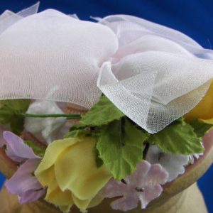 Hat w/yellow roses, lavendar flowers, ribbons – Wendy, Ginny, Sm