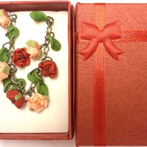 Red Flowers & Leaves Polymer Clay  Necklace (MSD Size, 14″-18″”)