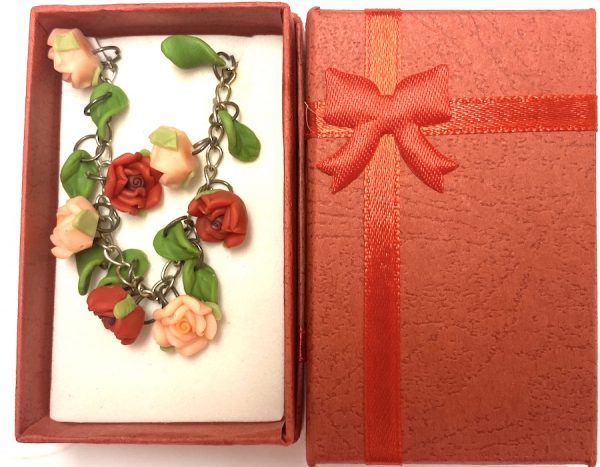 Red Flowers & Leaves Polymer Clay  Necklace (MSD Size, 14"-18"")