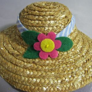 Hat:  Straw wide brim w/felt flowers  2″ diameter
