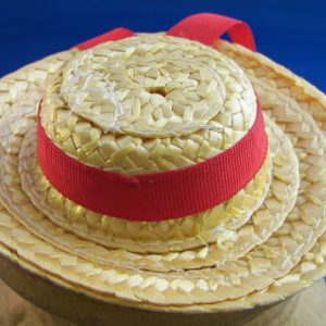 Natural straw hat w/red grosgrain ribbon – small dolls