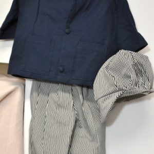 Suit: Navy jacket, shirt, pant, cap  24-26″