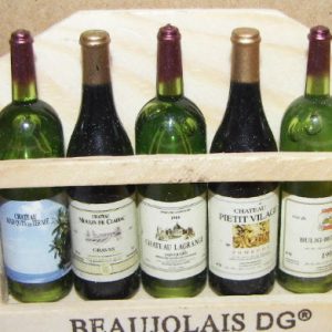 Beverage:  5 bottles of wine in wooden rack (~3″ x 2-1/2″)