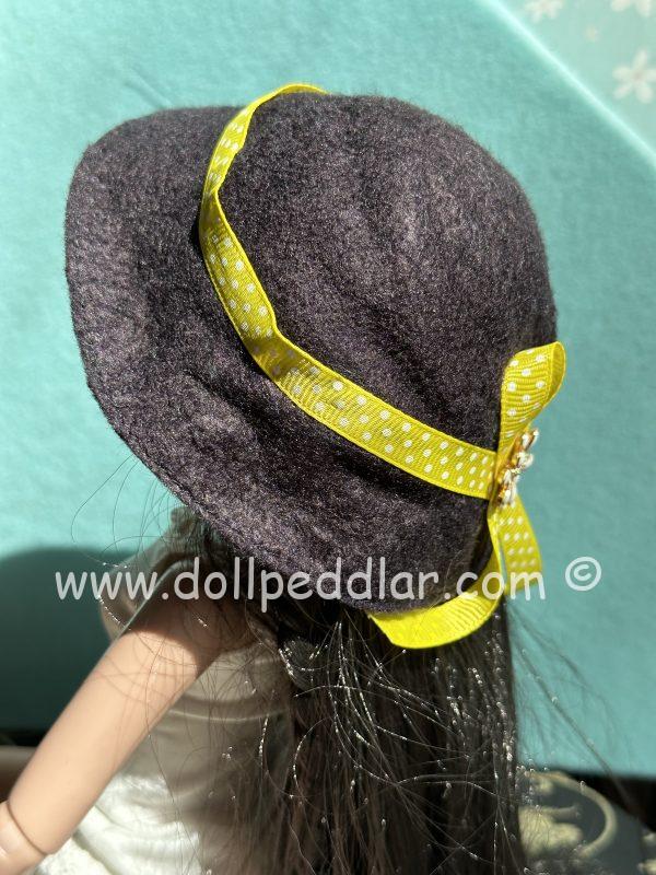 Felt Cloche Black Hat with Yellow Ribbon (Modeled on 7-8" Head)