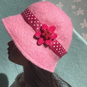 Felt Cloche Pink Hat with Red Bow (Modeled on 7-8″ Head)