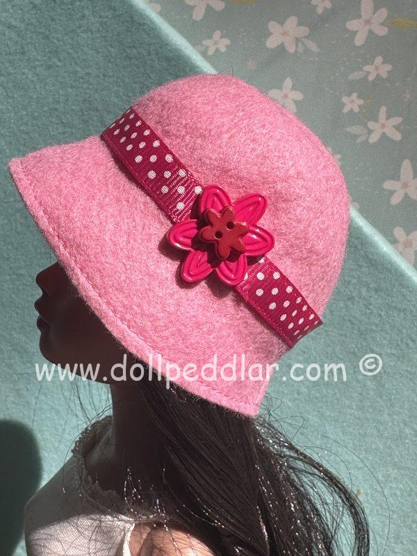 Felt Cloche Pink Hat with Red Bow (Modeled on 7-8" Head)