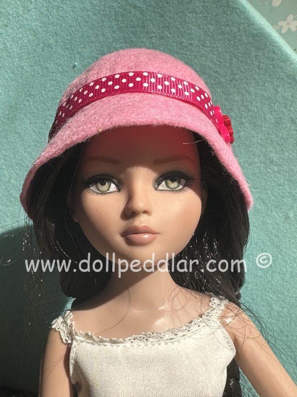 Felt Cloche Pink Hat with Red Bow (Modeled on 7-8" Head) - Image 3