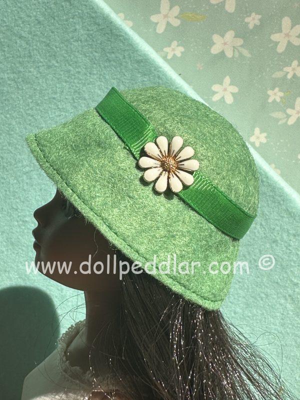 Felt Cloche Green Hat with Daisy (Modeled on 7-8" Head)
