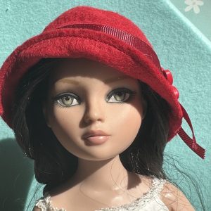 Felt Cloche Red Hat with Red Flower (Modeled on 7-8″ Head)
