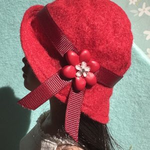 Felt Cloche Red Hat with Red Flower (Modeled on 7-8″ Head)