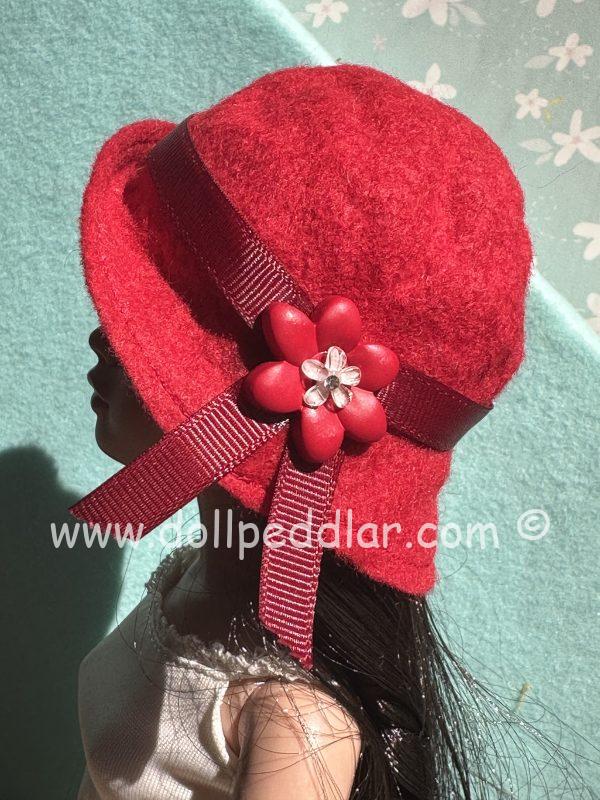 Felt Cloche Red Hat with Red Flower (Modeled on 7-8" Head)