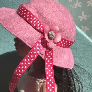 Felt Cloche Pink Hat with Pink Flower (Modeled on 7-8″ Head)