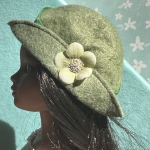 Felt Cloche Green Hat with Flower (Modeled on 7-8″ Head)