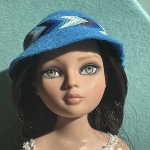 Felt Cloche Blue Hat with Striped Band (Modeled on 7-8″ Head)