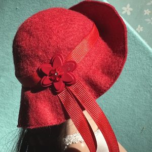 Felt Cloche Red Hat with Red Flower (Modeled on 7-8″ Head)