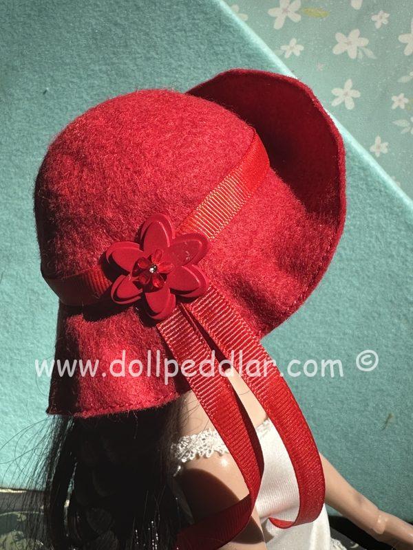 Felt Cloche Red Hat with Red Flower (Modeled on 7-8" Head)