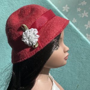 Felt Cloche Red Hat with White Flower (Modeled on 7-8″ Head)
