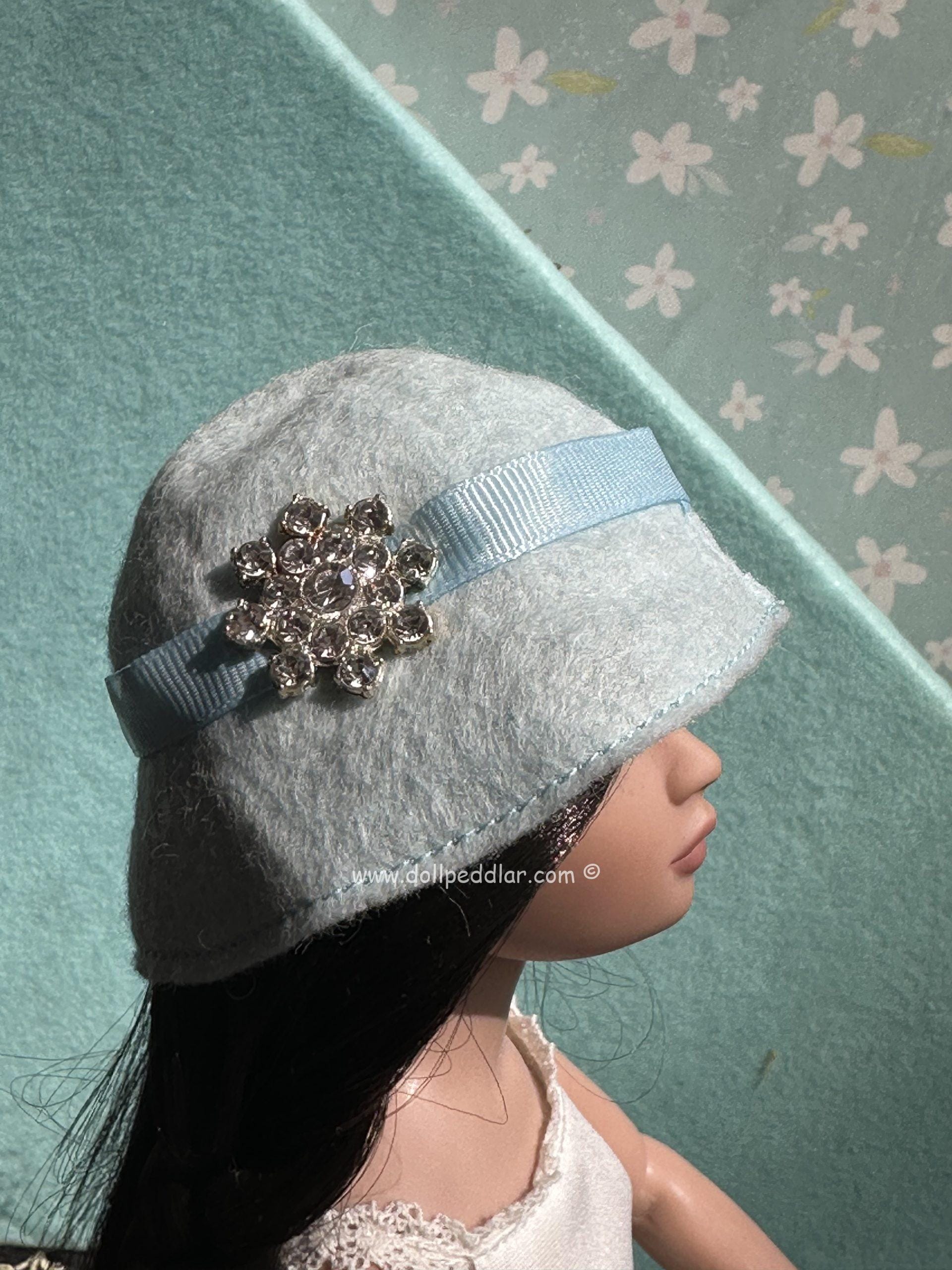 Felt Cloche Light Blue Hat with Pin (Modeled on 7-8" Head)