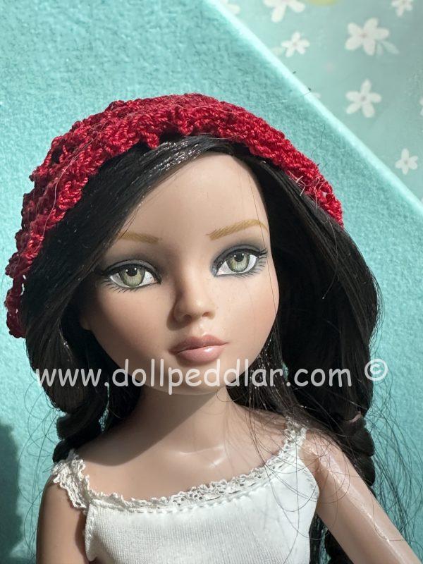 Red Crochet Beanie Hat (Modeled on 7-8" Head)