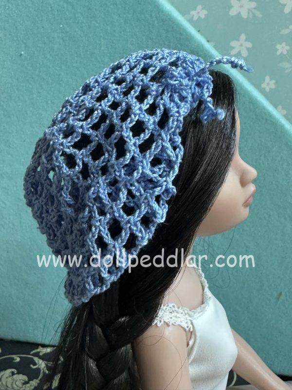 Blue Crochet Beanie Hat (Modeled on 7-8" Head)