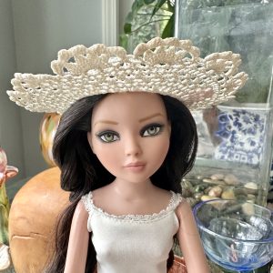 White Crochet Wide-Brim Hat (Modeled on 7-8″ Head)