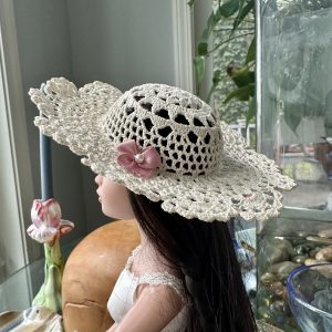 White Crochet Wide-Brim Hat (Modeled on 7-8″ Head)