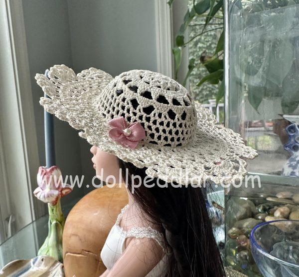 White Crochet Wide-Brim Hat (Modeled on 7-8" Head)